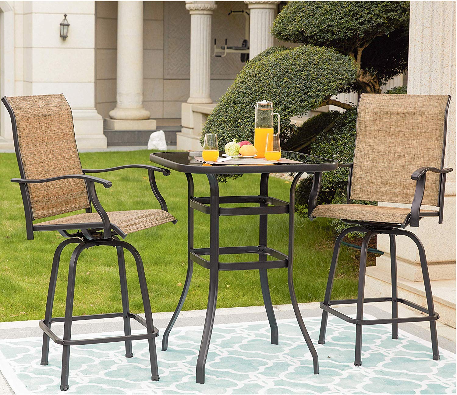 Romayard 36 Inch Bar Height Bistro Table - Outdoor Patio Dining Table with Tempered Glass Top, Black - Perfect for Backyard, Deck, Poolside & Restaurant Use