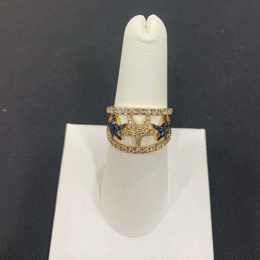 14K Yellow Gold Starfish Blue & White Diamond Ring - Elegant Ocean-Inspired Jewelry for Women - Perfect for Beach Weddings, Anniversary Gifts & Everyday Wear