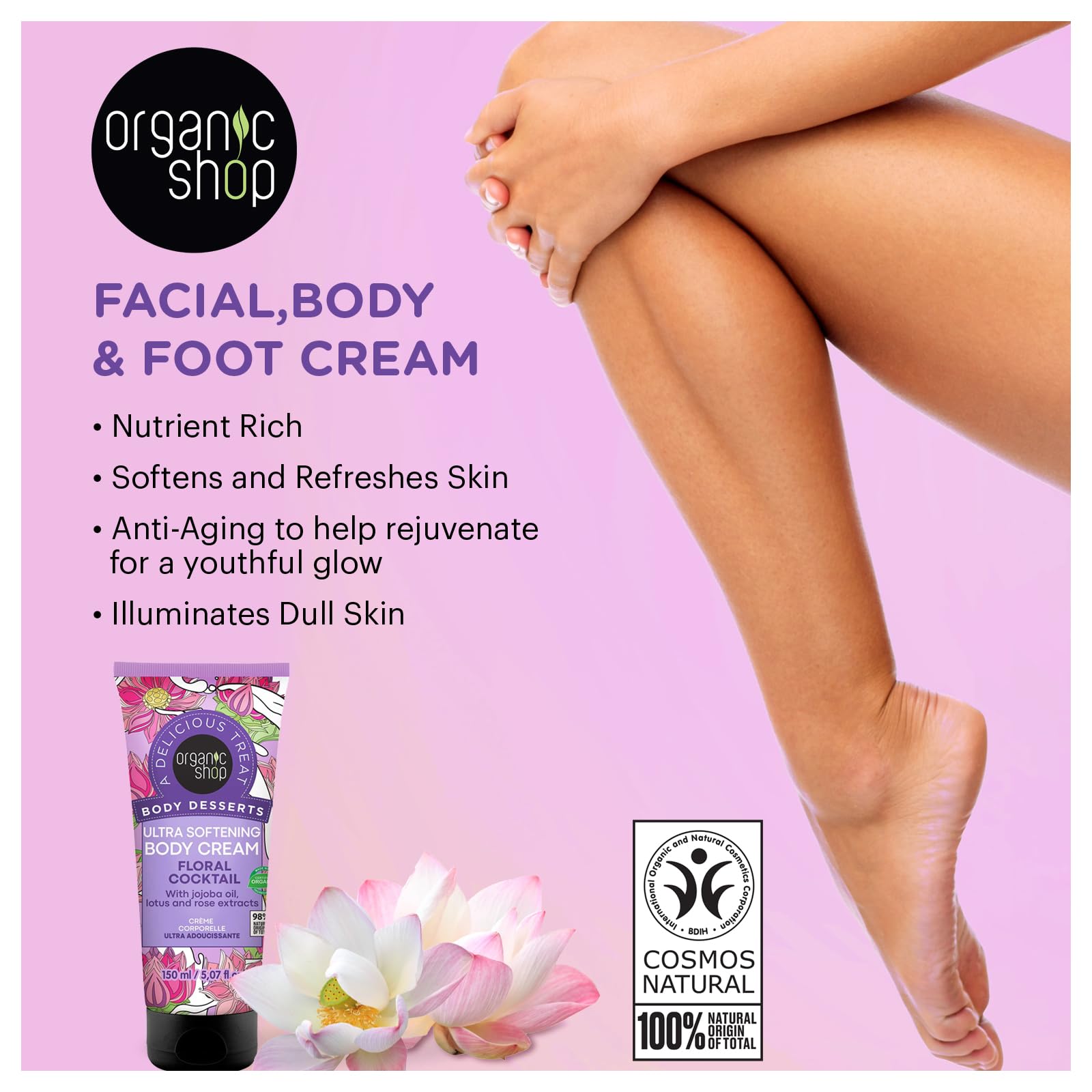 Organic Jojoba Oil & Lotus Rose Extract Body Cream - Ultra Softening Hydrating Vegan Moisturizer for Face, Hands & Body - 150ml Daily Intensive Care Lotion for Dry Skin Relief & Nighttime Hydration