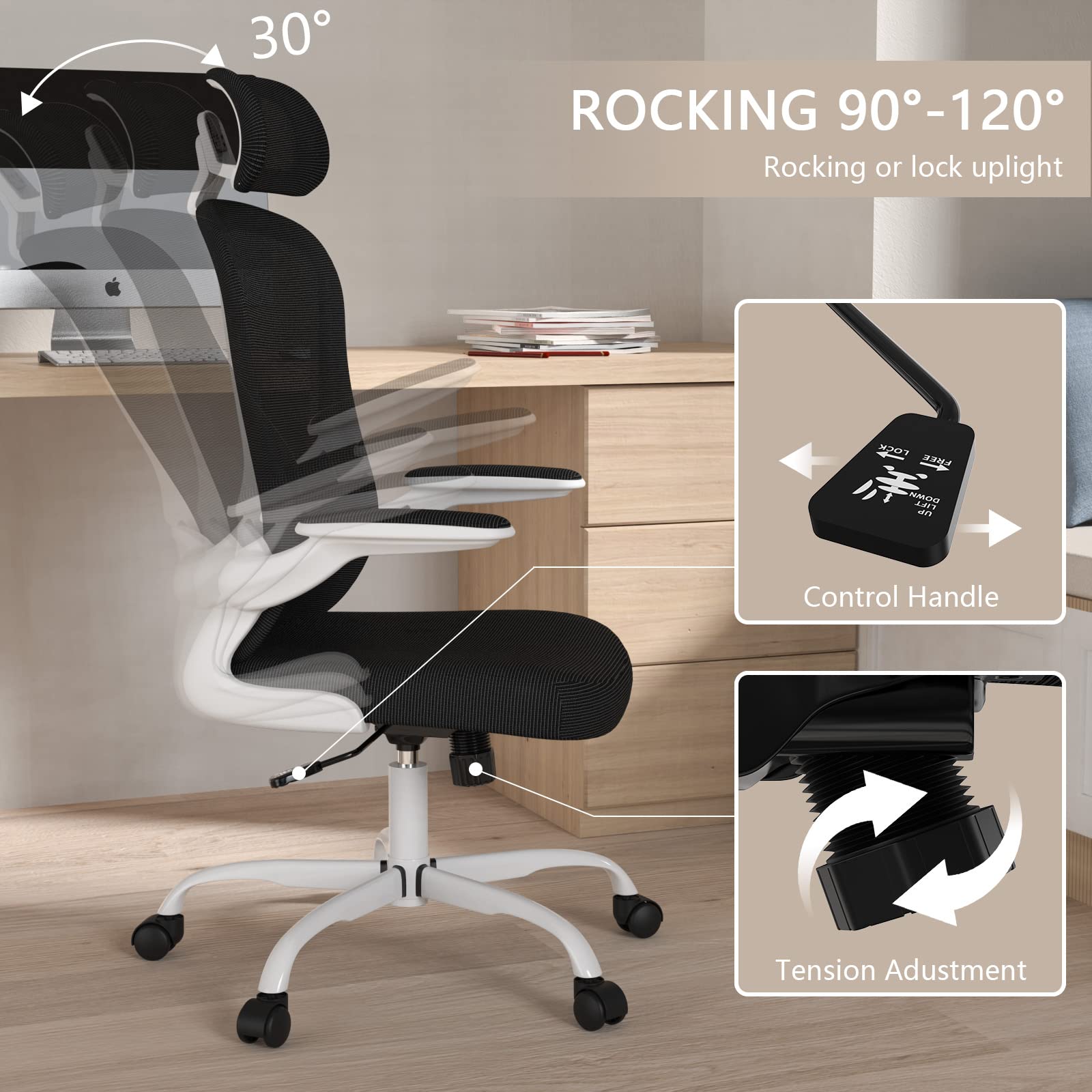 Ergonomic High Back Office Chair with Adjustable Lumbar Support & Headrest - Breathable Mesh Task Chair, Swivel Executive Desk Chair with Flip-Up Armrests - Perfect for Home Office, Gaming & Workspaces