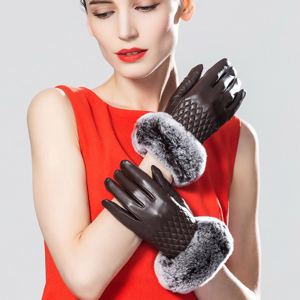 Women's Winter Leather Gloves with Rabbit Fur Cuff - Touchscreen Compatible Cold Weather Gloves for Driving, Outdoor Activities & Daily Use | Fashionable Snow Skiing Accessories & Warm Winter Essentials for Shopping, Commuting and Holiday Gifts | Perfect for Winter Sports, City Life and Christmas Presents