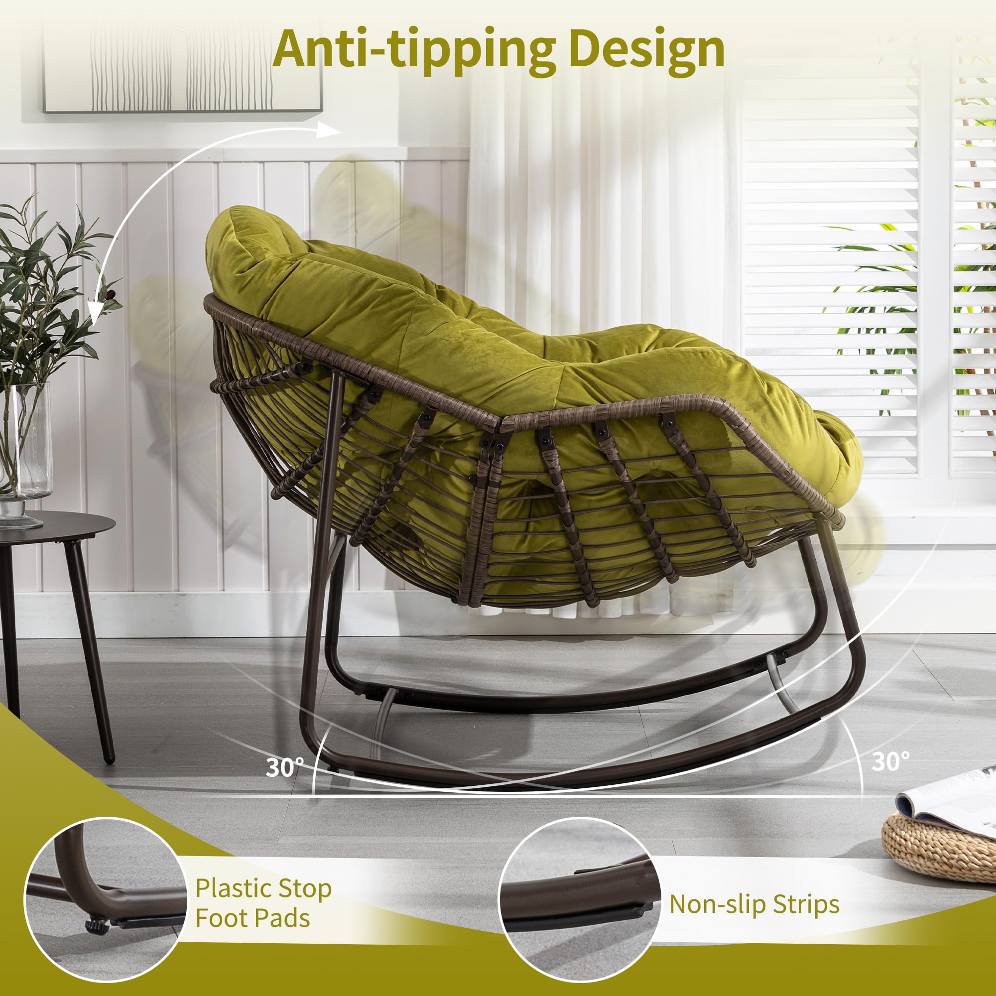 HOMEFUN Oversized Papasan Rocking Chair with Velvet Padded Cushion - Indoor/Outdoor Rocker Egg Chair for Patio, Front Porch, Garden & Backyard - Perfect for Relaxing, Reading & Sunbathing
