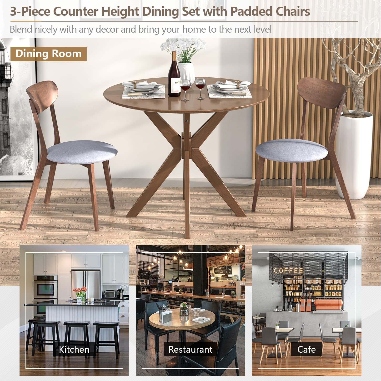 Giantex 3-Piece Wooden Farmhouse Dining Set - Round Kitchen Table with 2 Cushioned Chairs, Mid-Century Modern Dinette for Dining Room, Living Room & Small Spaces - Perfect for Family Meals, Breakfast Nook & Cozy Gatherings