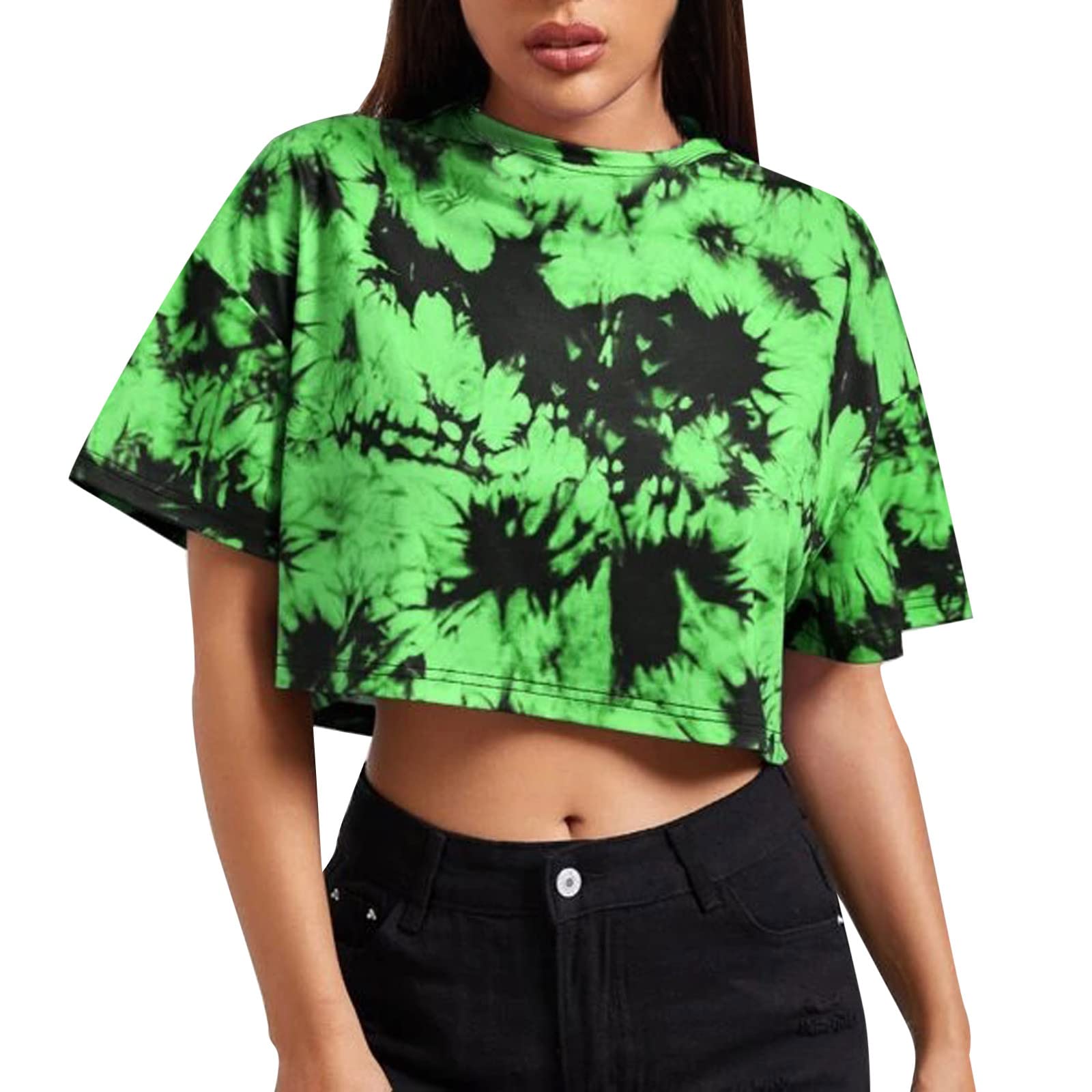 Trendy Women's Short Sleeve Tie Dye Printed T-Shirt - Round Neck Summer Blouse, Comfortable Casual Tee (Green, Size L) | Perfect for Beach Outings, Streetwear Fashion & Everyday Comfort