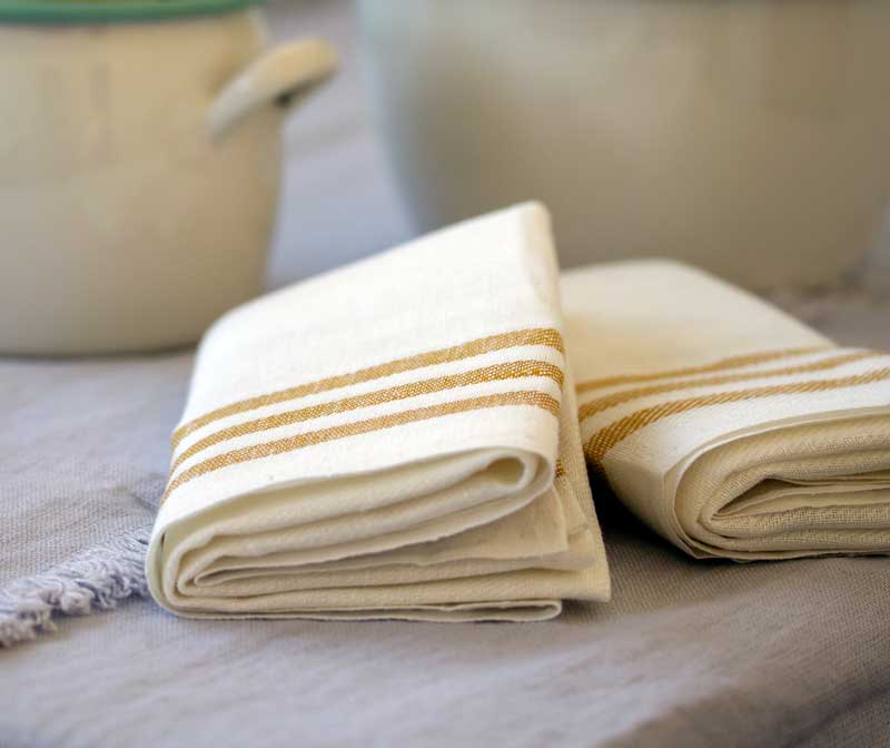 Premium 2-Pack Linen Kitchen Towels 50x70 cm - Beige/Ochre Striped - Absorbent & Quick-Drying for Cooking, Baking & Dish Drying
