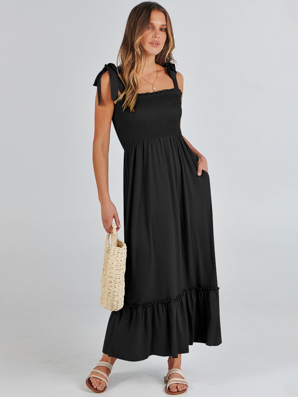 ANRABESS Women's Summer Casual Strap Smocked Maxi Dress - Flowy Tiered A-Line Sundress for Beach, Travel, Wedding Guest & Vacation Outfits