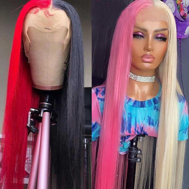 Split Hair Color Wig - eullair Half Pink Half Blonde Lace Frontal Human Hair | Two Tone Synthetic Wig for Cosplay, Halloween & Fashion