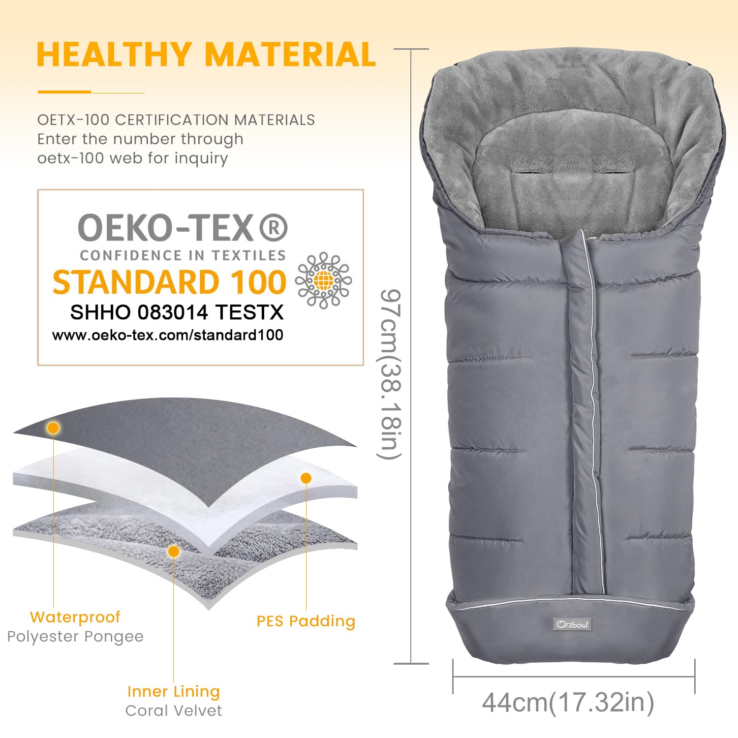 Orzbow Universal Warm Bunting Bag - Waterproof Stroller Sleeping Bag for Toddlers in Cold Weather (Grey) | Perfect for Winter Walks, Outdoor Adventures & Baby Stroller Protection
