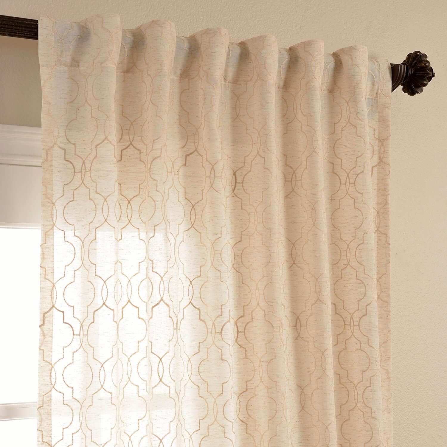 Saida Natural Embroidered Geometric Pattern Faux Linen Sheer Curtains - Elegant Window Treatment for Living Room, Bedroom & Dining Room
