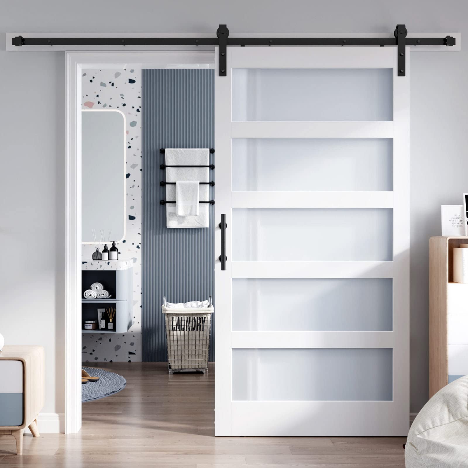 42x84 Inch Frosted Glass Sliding Barn Door with 7ft Hardware Kit - White Waterproof & Scratch-Resistant PVC LVL Wood Panel - Easy DIY Installation for Bedroom, Closet, or Office Partition