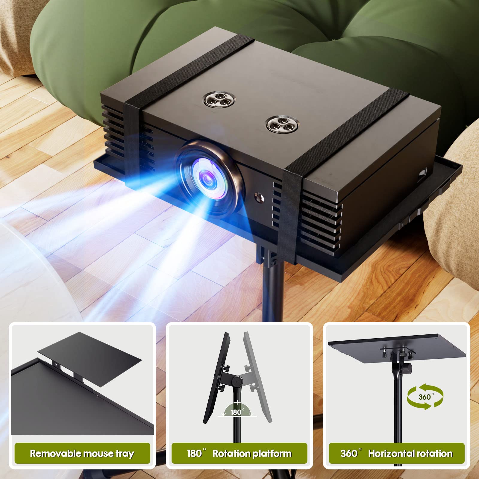 Portable Adjustable Projector Stand 20-60 Inch with Gooseneck Phone Holder & Mouse Tray - Laptop Tripod Floor Stand for Podium, Home Studio, DJ Racks, Presentations, and Online Classes