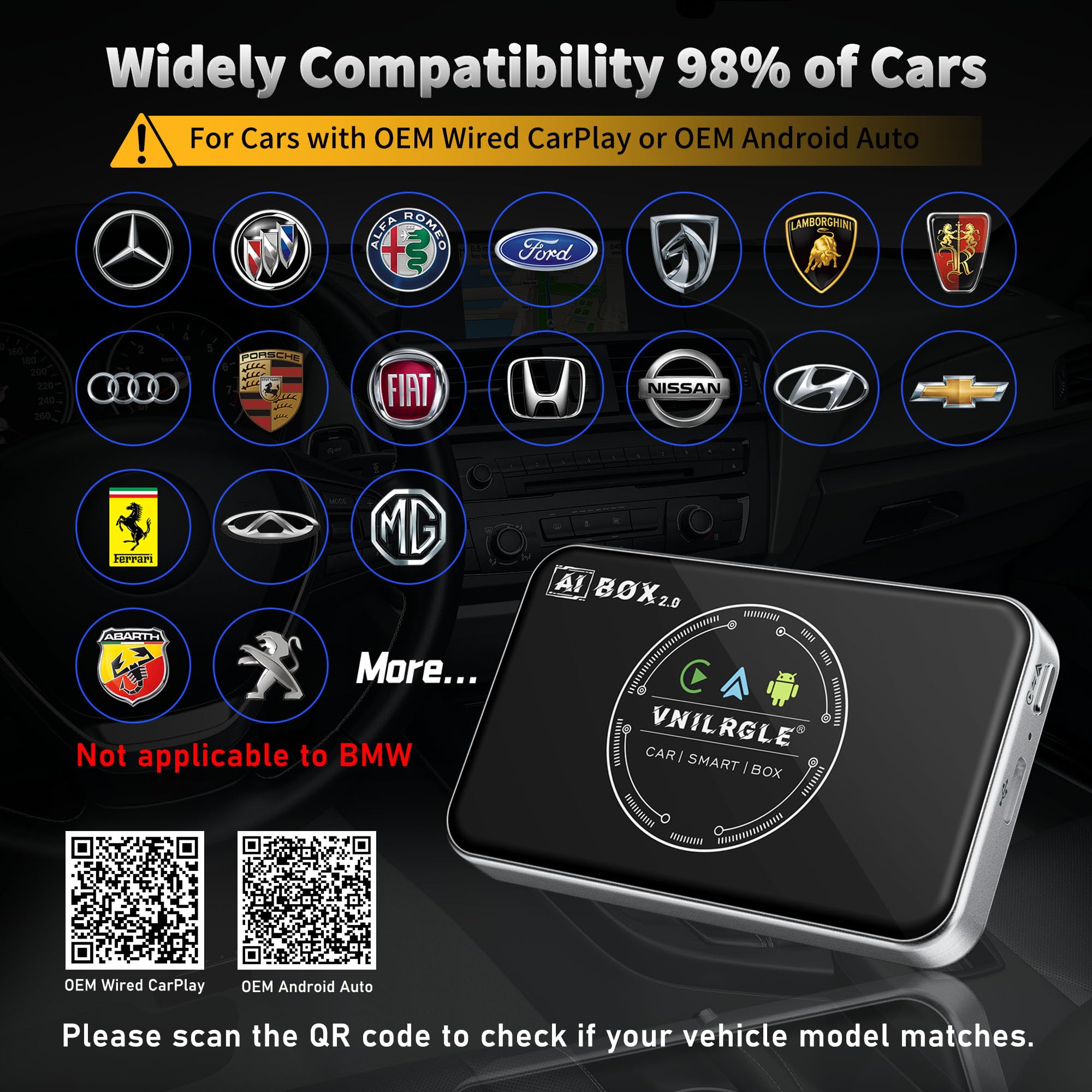 4-in-1 Wireless CarPlay & Android Auto Adapter - Stream Netflix, YouTube & More - Split Screen & Mirroring - Compatible with OEM Wired CarPlay/Android Auto Cars - Perfect for Road Trips & In-Car Entertainment