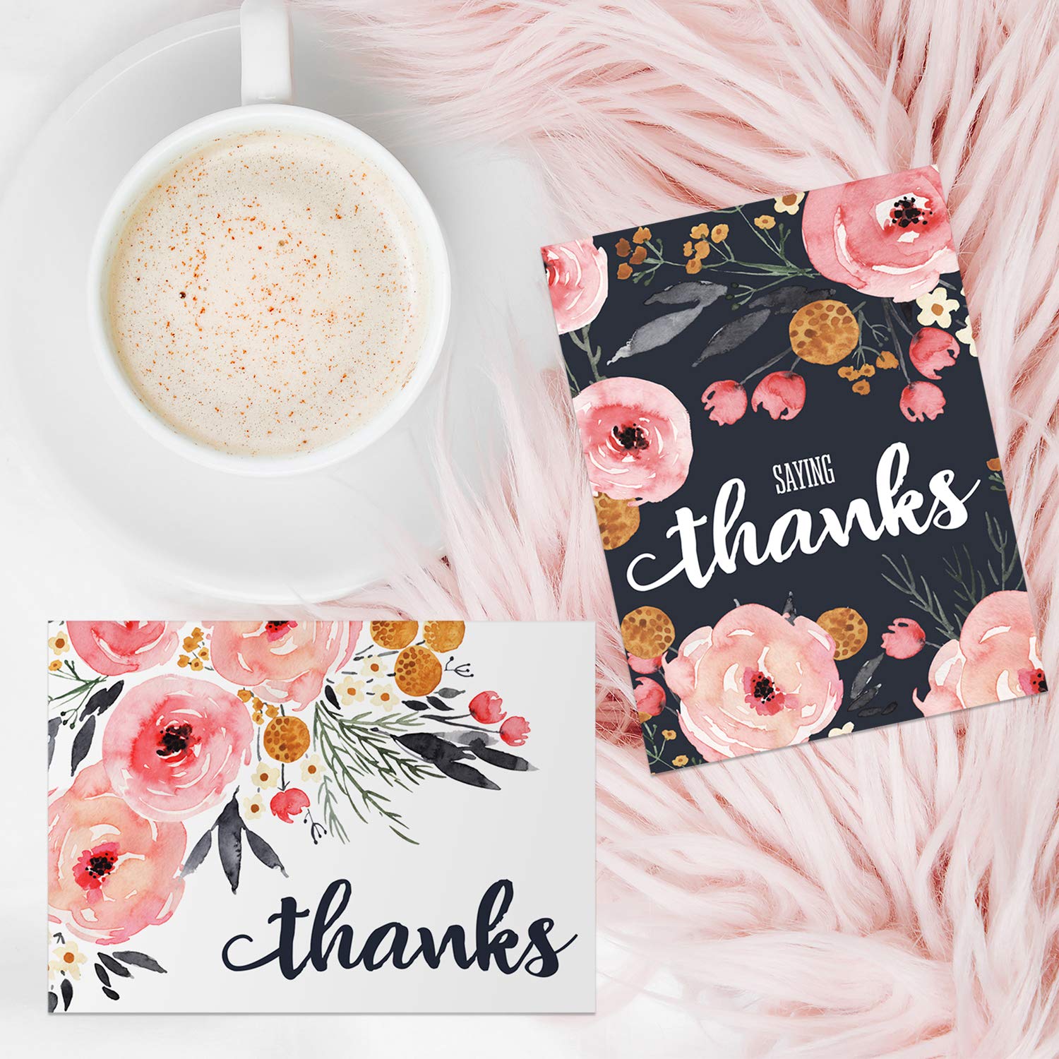 24-Pack Watercolor Pink & Navy Floral Thank You Cards with White Envelopes - Modern Greeting Cards for Weddings, Birthdays & Appreciation Gifts | Bulk Stationery for Handwritten Notes