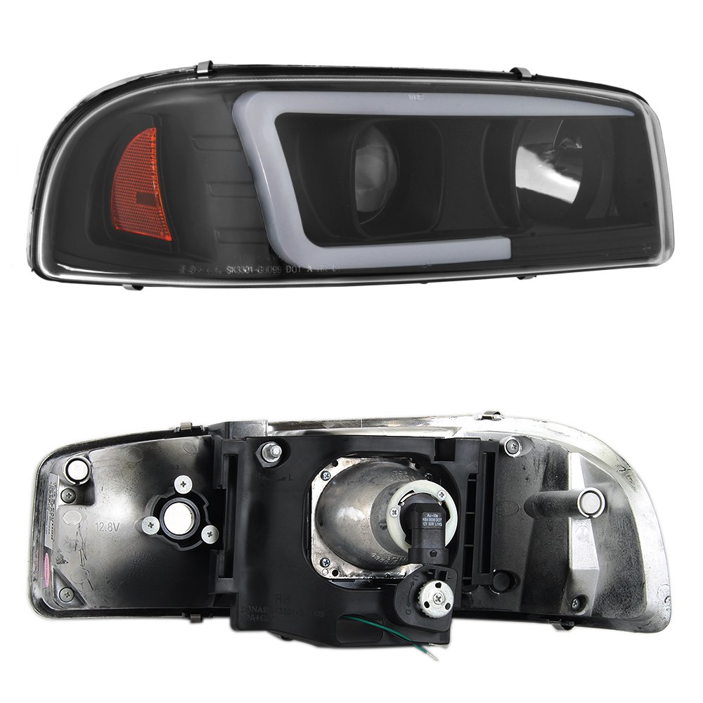 AKKON Black LED Tube Projector Headlights + LED Bumper Lamp Pair for 1999-2006 GMC Sierra 1500/2500HD/3500 & Yukon XL - Upgrade Your Truck Lighting for Night Driving & Off-Road Adventures