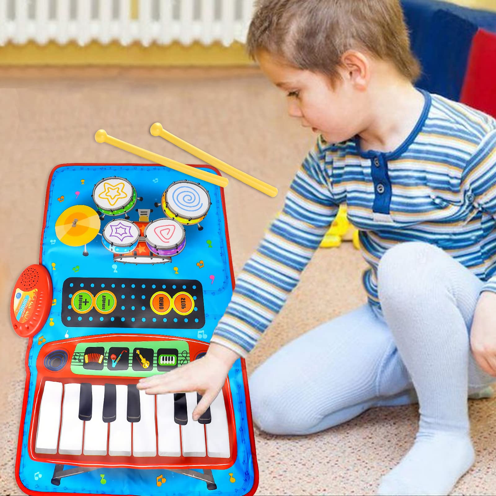 2-in-1 Musical Playmat for Kids - Portable Piano & Drum Touch Keyboard with 4 Instrument Sounds | Interactive Floor Mat Toy for Toddlers & Children (27.5