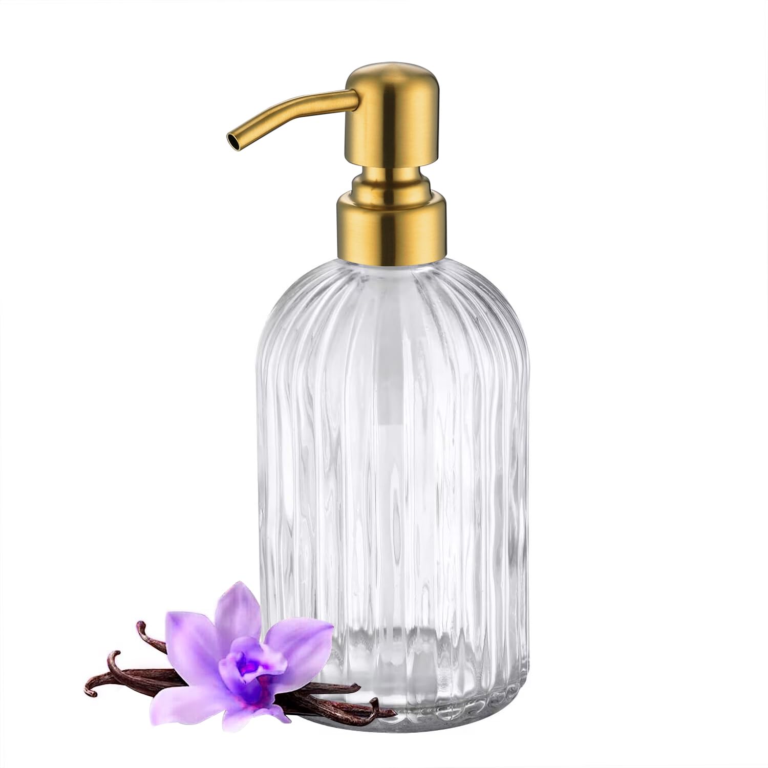 16oz Gold Glass Soap Dispenser with Vertical Strip - Refillable Liquid Hand Soap Dispenser with Golden Metal Pump for Bathroom & Kitchen - Perfect for Modern Home Decor and Guest Washrooms