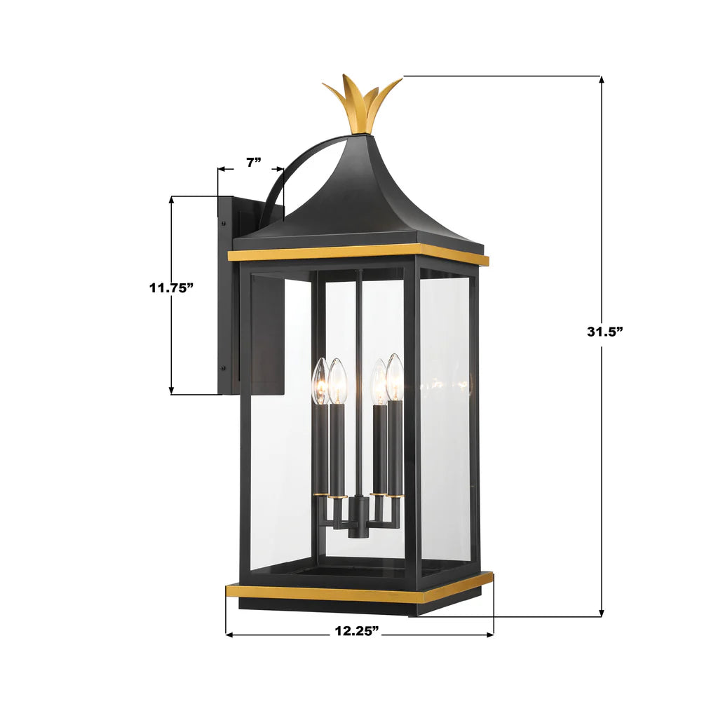 Simpson 4-Light Outdoor Wall Sconce - 12.25x31.5 Inch Matte Black Stainless Steel & Glass Fixture with Textured Gold Finish - 120V 4 E12 Candelabra Base LED Bulb Sockets - Perfect for Patio, Garden, Porch, Exterior Walls & Entryway Lighting