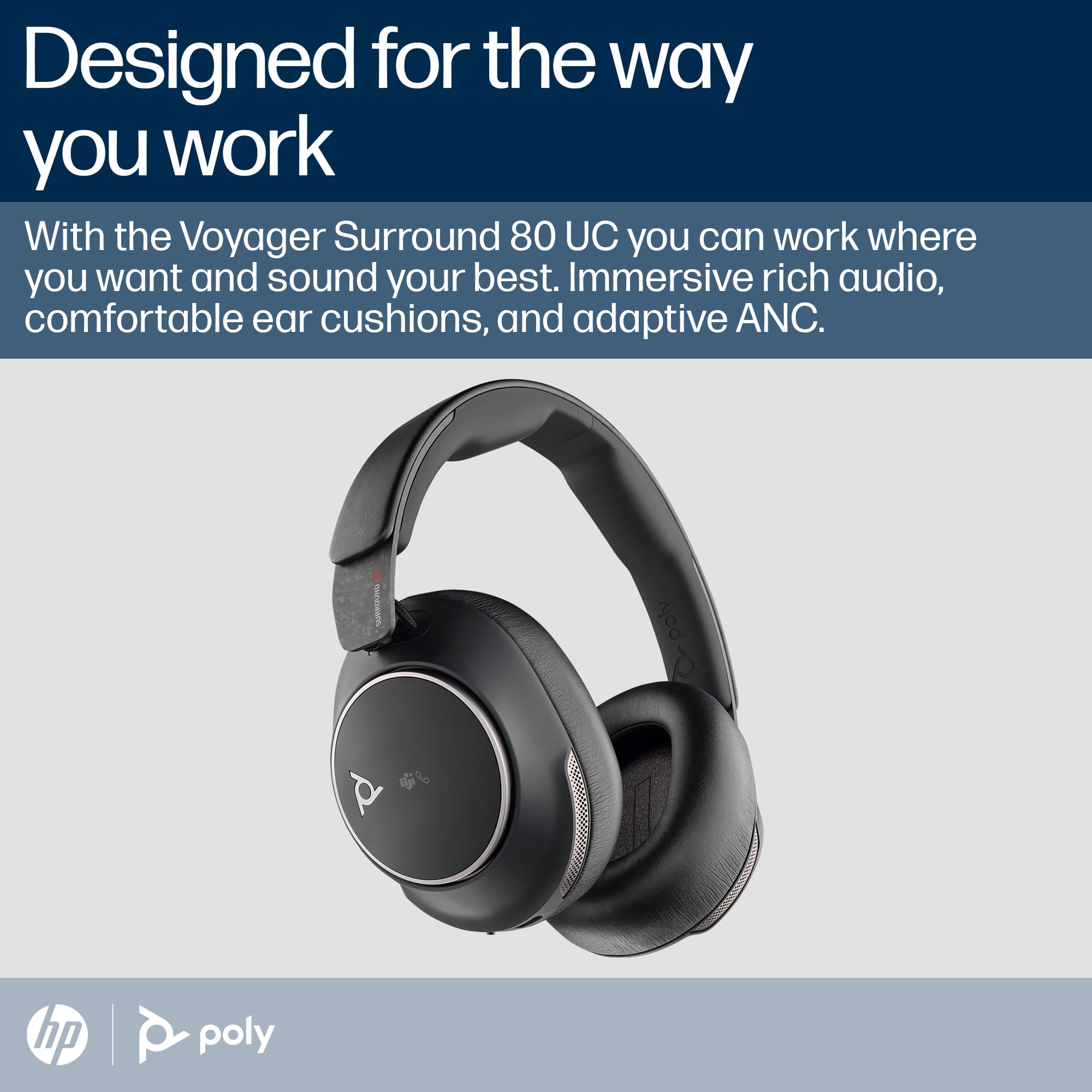 Poly Voyager Surround 80 UC Wireless Bluetooth Headset with Noise-Canceling Microphones & Adaptive ANC - Compatible with iPhone, Android, PC, Mac, Zoom, Microsoft Teams (Certified) - Ideal for Remote Work, Online Meetings & Gaming - Amazon Exclusive