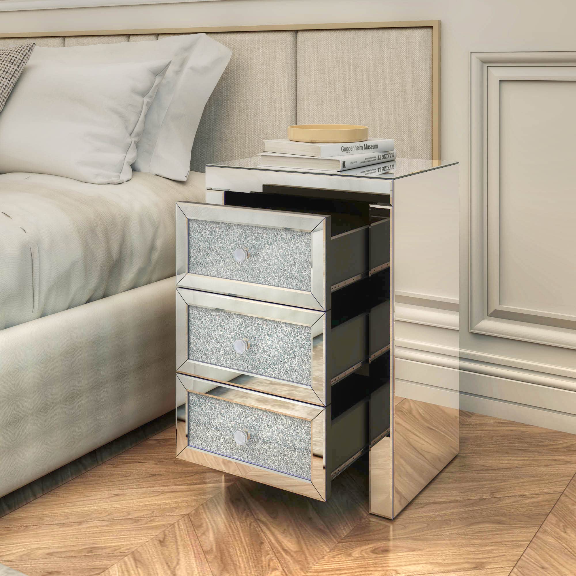 DEINPPA Mirrored Vanity Desk Set with Crystal Diamond Accents - 2 Drawer Makeup Dressing Table for Women & Girls | Perfect for Bedroom, Living Room or Home Office Beauty Station
