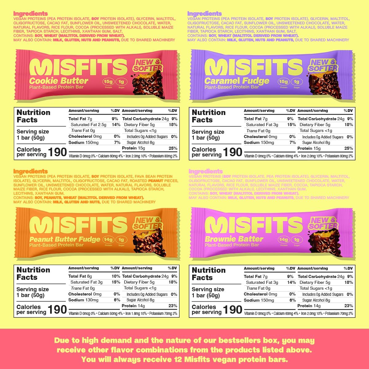 Misfits Vegan Protein Bars - Plant Based, Low Sugar & Carb, High Fiber Snacks | Variety Pack of 12 (4 Flavors) | Perfect for Post-Workout Recovery, Healthy On-the-Go Snacking & Weight Management