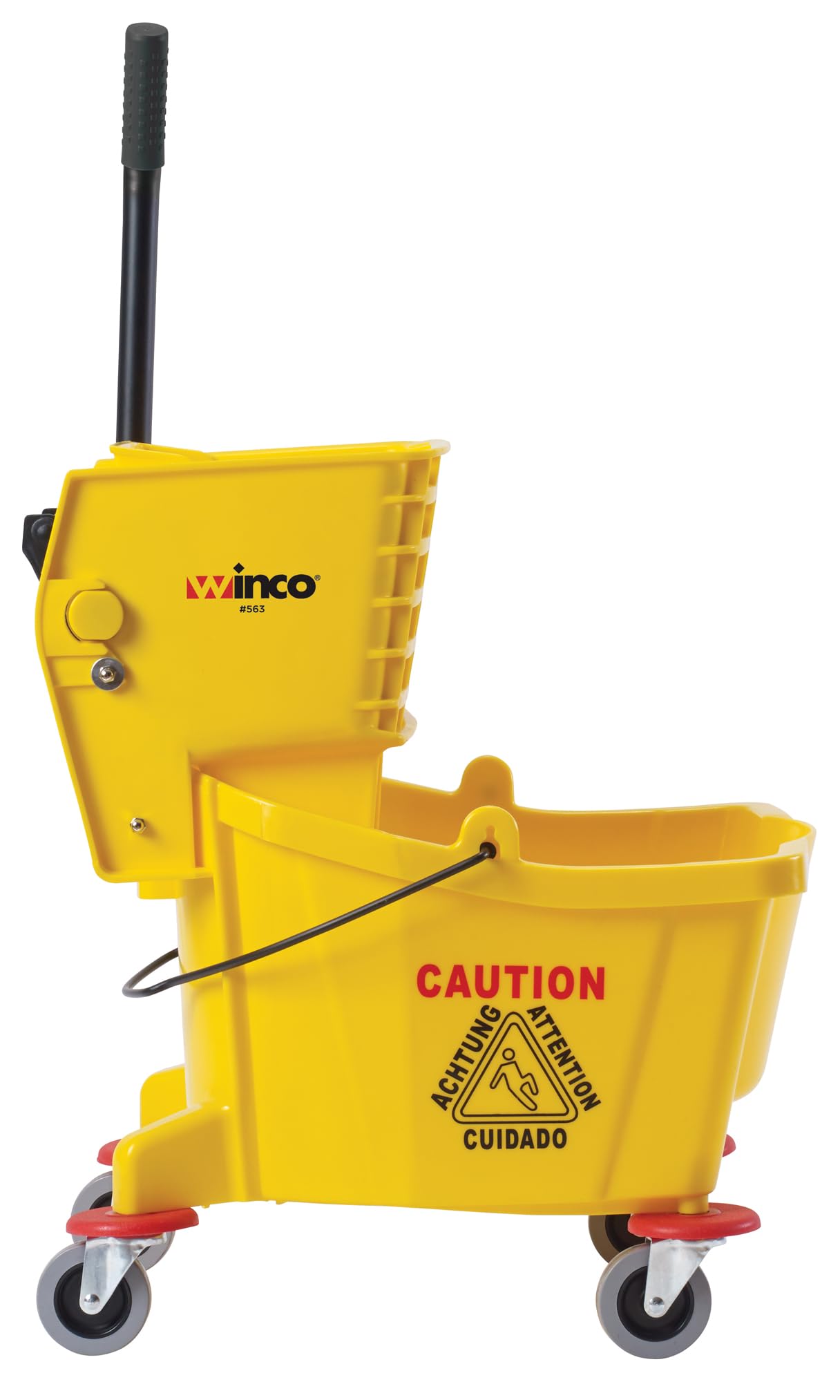 Winco 26 Quart Yellow Commercial Mop Bucket with Wheels - Heavy Duty Rolling Cleaning Bucket for Janitors, Hospitals & Schools