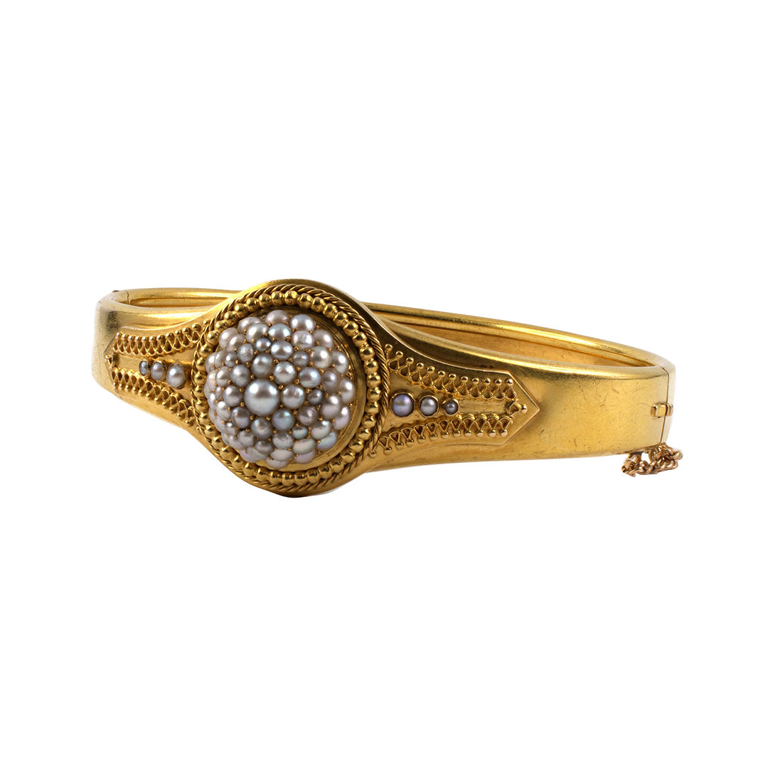 Victorian Etruscan Revival Pearl Hinged Bangle Bracelet - 1/2 Pearl Design, Antique Jewelry for Women, Perfect for Weddings, Parties & Special Occasions