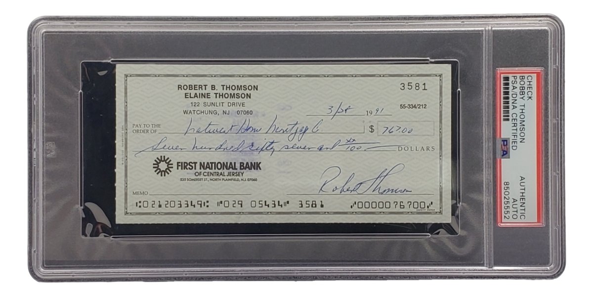 Authentic Bobby Thomson New York Giants Signed Bank Check with PSA/DNA Certification 85025552 - Perfect for Sports Memorabilia Collectors and Baseball Fans