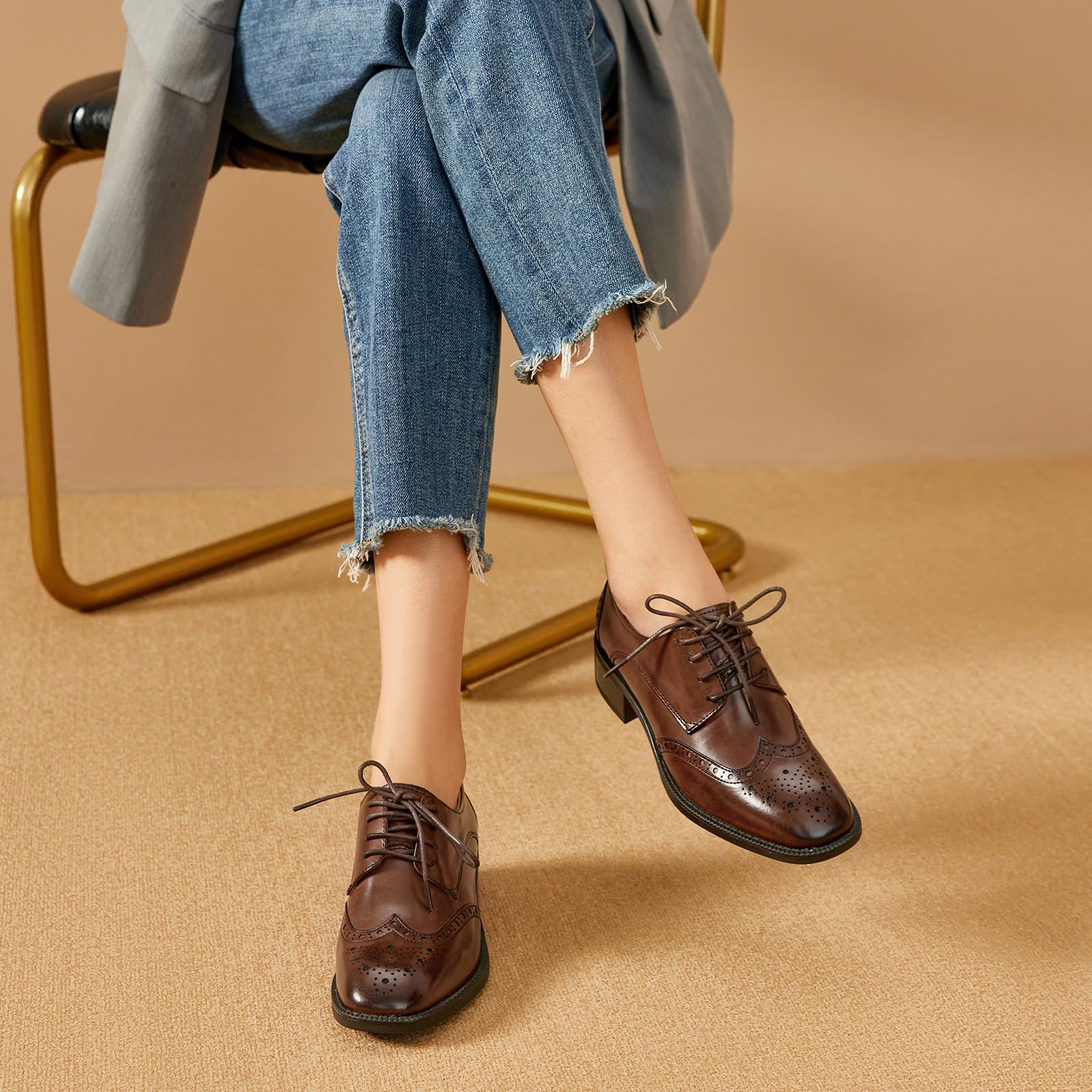 BEAU TODAY Women's Leather Oxford Brogue Dress Shoes - Breathable Comfort Wingtip Lace-Up Business Work Shoes for Professional Women | Office, Formal Events & Business Meetings