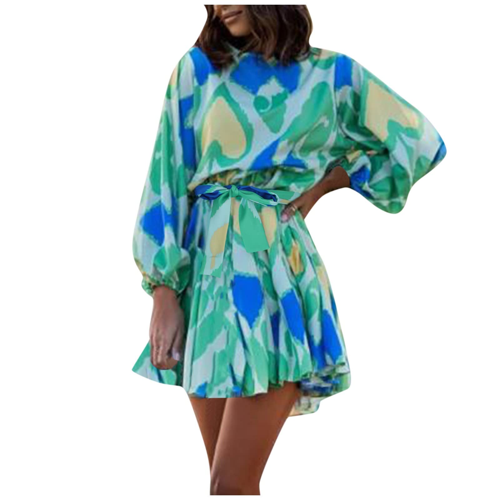 Women's Floral Print Long Sleeve Mini Shirt Dress with Waist Tie - Loose Flowery Summer Beach Dress for Casual Outings, Vacations & Date Nights