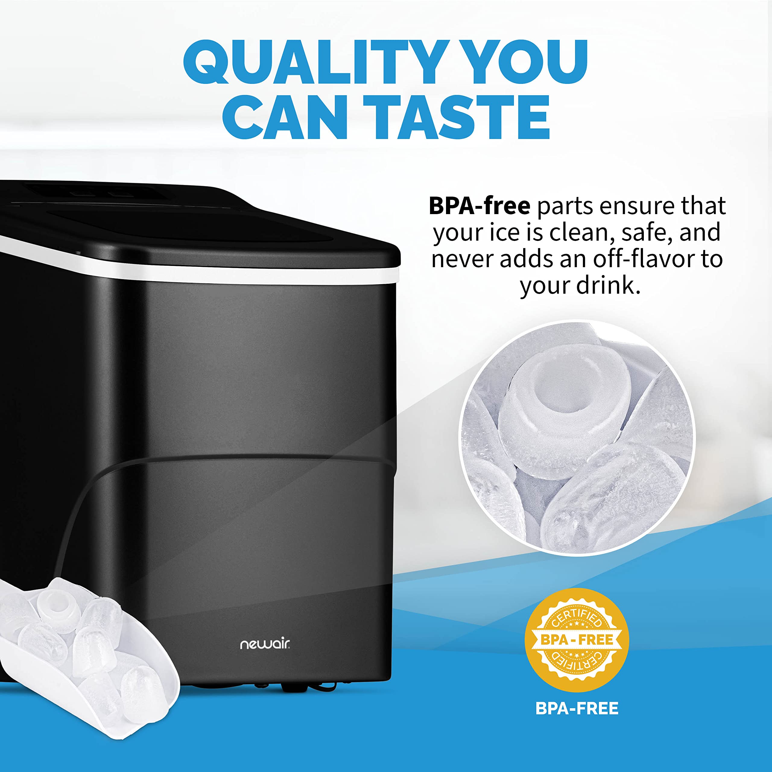 Newair 26 lbs. Countertop Bullet Ice Maker - Portable Ice Machine in Matte Black with Intuitive Controls | Large & Small Ice Size Options | Easy to Clean BPA-Free Parts | Perfect for Cocktails, Whiskey, Soda & Beverages | Ideal for Home Bars, Parties & Office Use