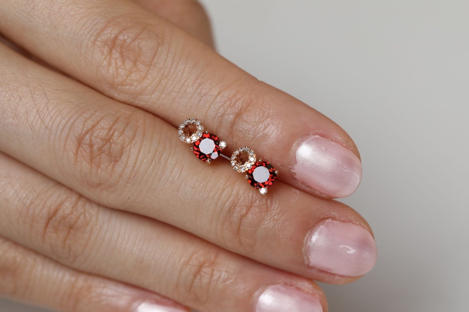 14k Rose Gold Stacked Diamond and Garnet Stud Earrings - Elegant Solitaire Jewelry for Women, Perfect for Weddings, Anniversaries & Special Occasions