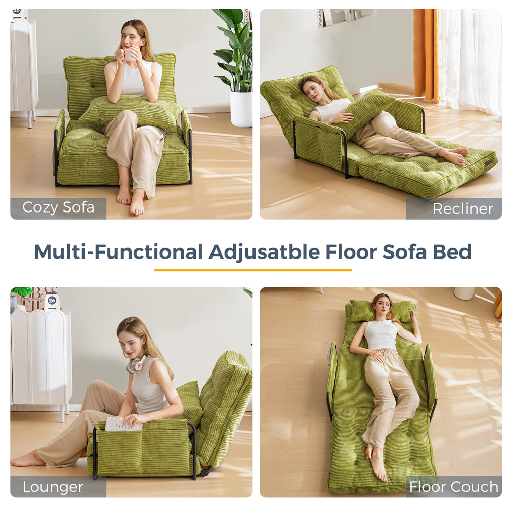 MAXYOYO Adjustable Floor Sofa Bed - 5 Position Foldable Lazy Sofa with Pillow & Armrests, Single Size Green - Perfect for Small Spaces, Living Rooms, Dorms & Guest Beds