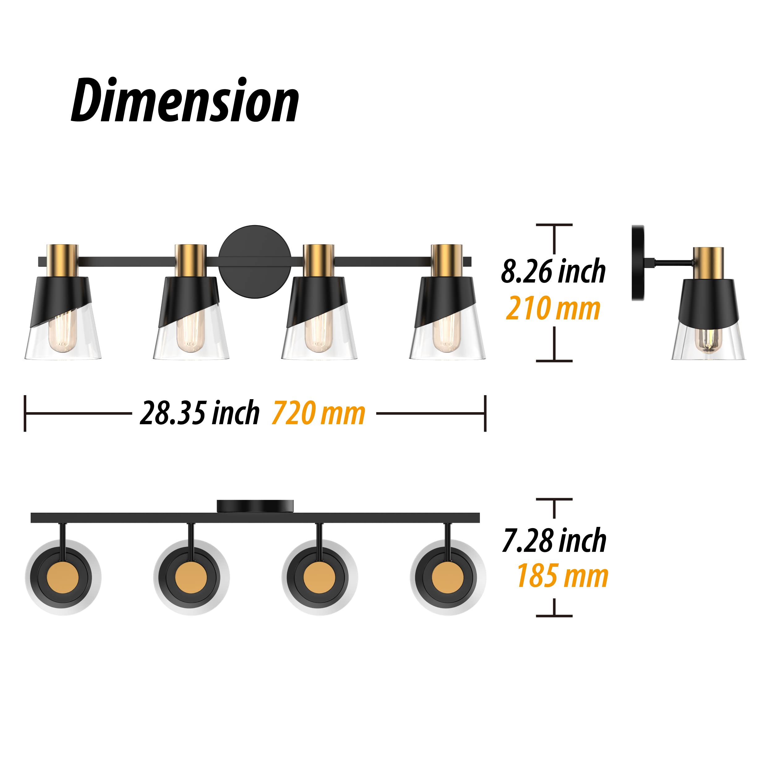 URSOLA 4-Light Bathroom Vanity Lighting Fixture - 28.34 Inch Black & Gold Wall Sconce with Beveled Edge & Clear Glass Shade - Perfect for Bathroom Mirror Lighting, Powder Room, and Spa-Like Ambience