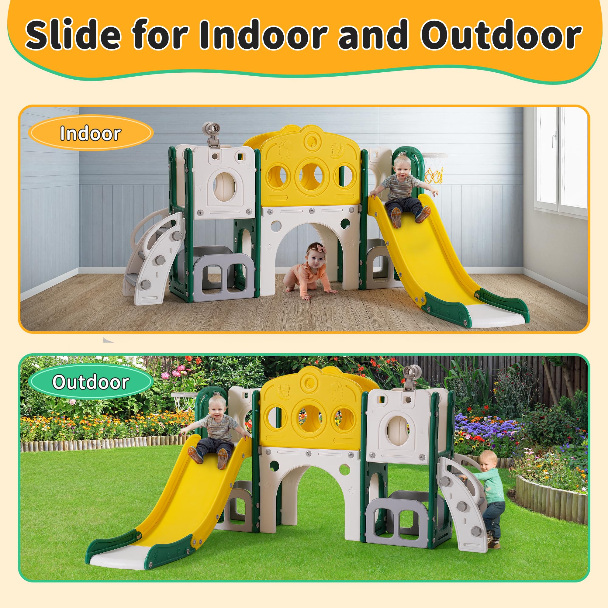 8-in-1 Toddler Slide Playset for Kids Ages 1-3 | Indoor/Outdoor Baby Slide with Basketball Hoop & Telescope | Safe Toddler Playground Equipment for Backyard, Nursery & Daycare (Green)