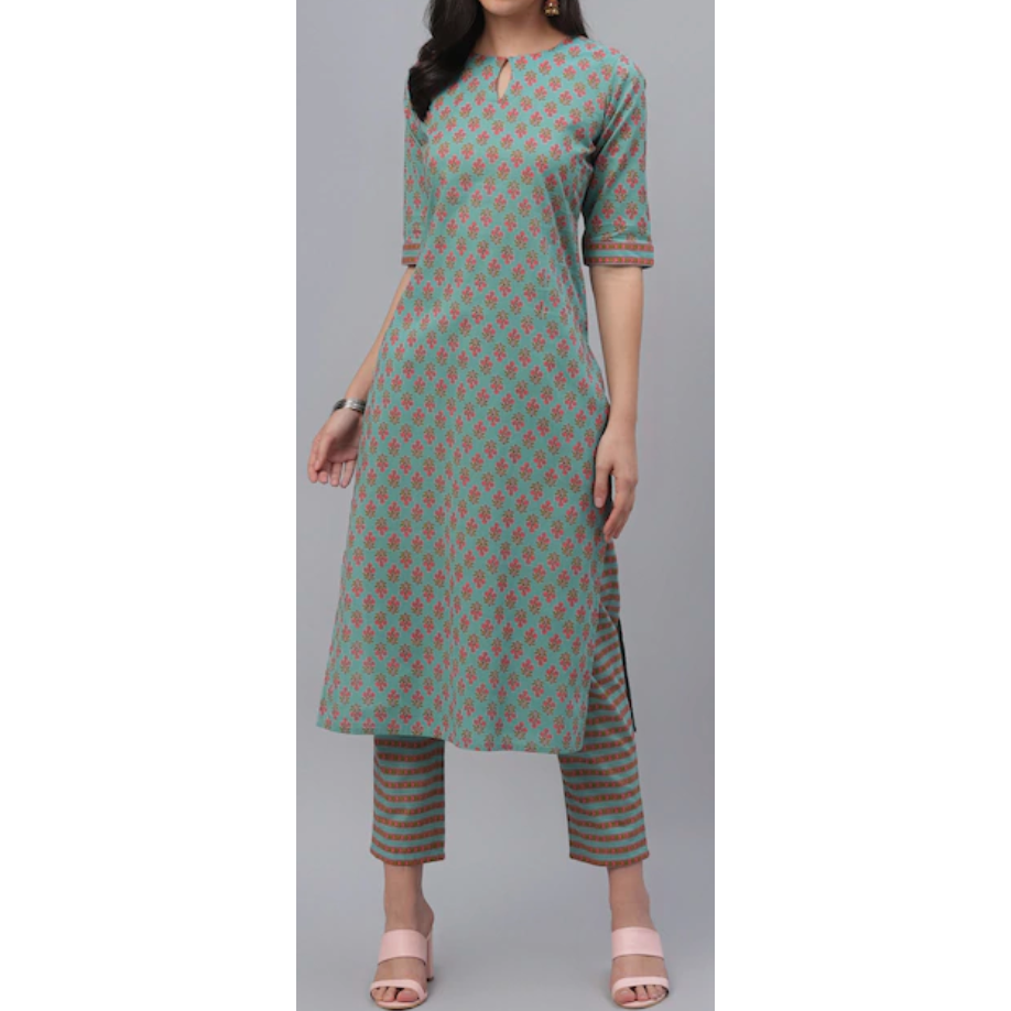 Bottle Green Cotton Kurta Set with Pink Floral Print & Matching Trousers | Traditional Indian Ethnic Wear for Women | Perfect for Festivals, Weddings & Casual Outings