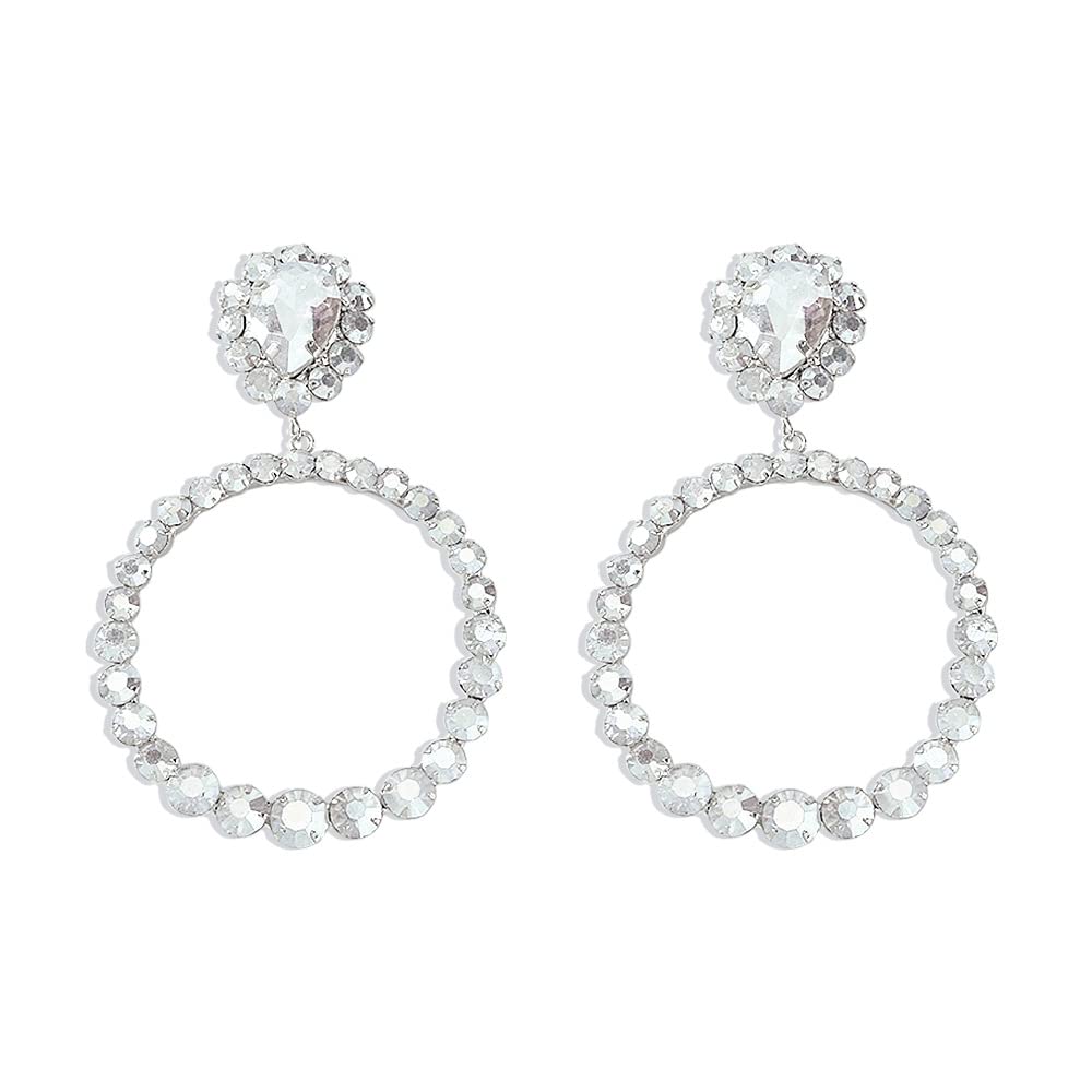 Jumwrit Rhinestone Large Hoop Earrings for Women - Big Circle Dangle Statement Jewelry, Sparkling Geometric Teardrop Earrings (Silver) | Perfect for Parties, Weddings & Evening Events