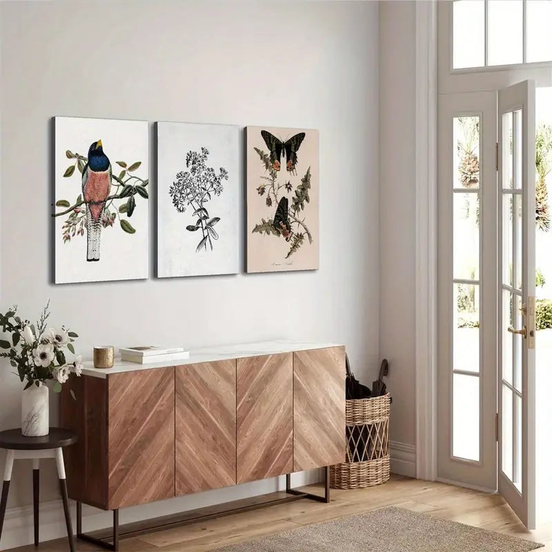 3-Piece Vintage Bird & Butterfly Metal Wall Art - Nature-Inspired Animal Prints - Ready to Hang Home Decor for Living Room, Bedroom, or Office