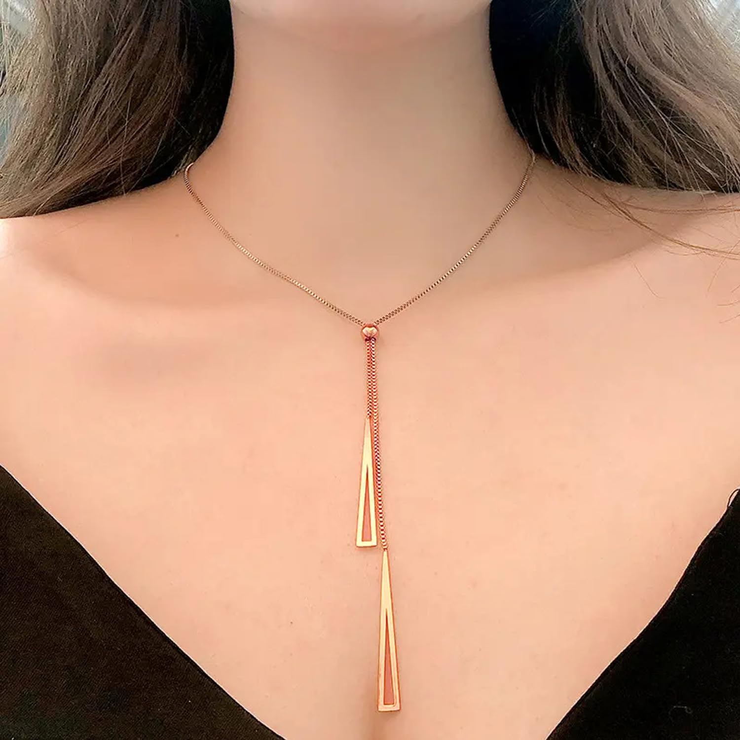 Elegant Silver Chain Necklace for Women - Stainless Steel Rose Gold Long Triangle Pendant Necklace, Perfect Gift for Women & Girls | Ideal for Parties, Dates & Everyday Wear