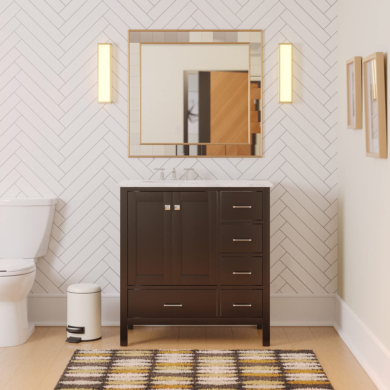 36-inch Bathroom Vanity with Carrara Marble Countertop & Chocolate Cabinet - White Ceramic Sink Included | Modern Bathroom Furniture for Master Bath, Guest Bath & Small Space Remodel
