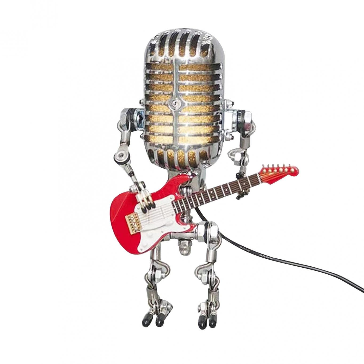Vintage Robot Desk Lamp - Retro Microphone & Guitar for Home & Bedroom Decor (Red) - Perfect for Study & Office