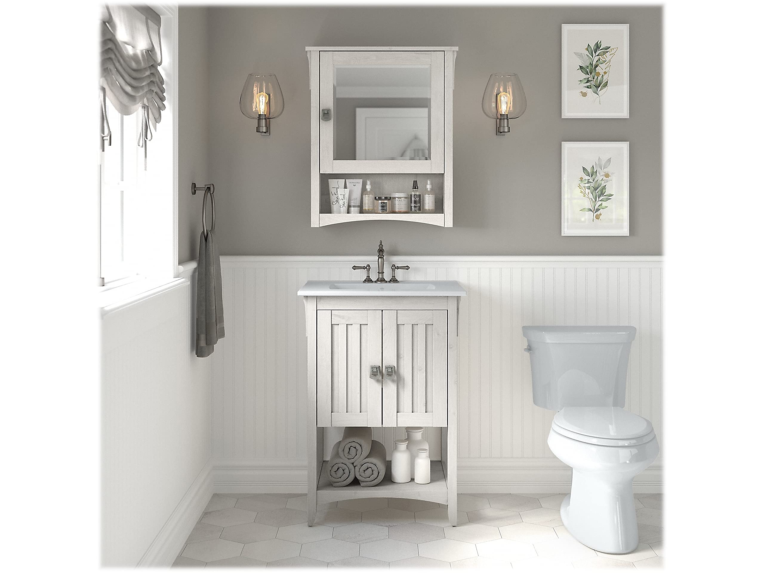 Bush Furniture Salinas 24-Inch Wide Bathroom Vanity with Sink, Medicine Cabinet & Mirror in Linen White Oak - Perfect for Small Bathrooms, Powder Rooms & Apartment Remodels
