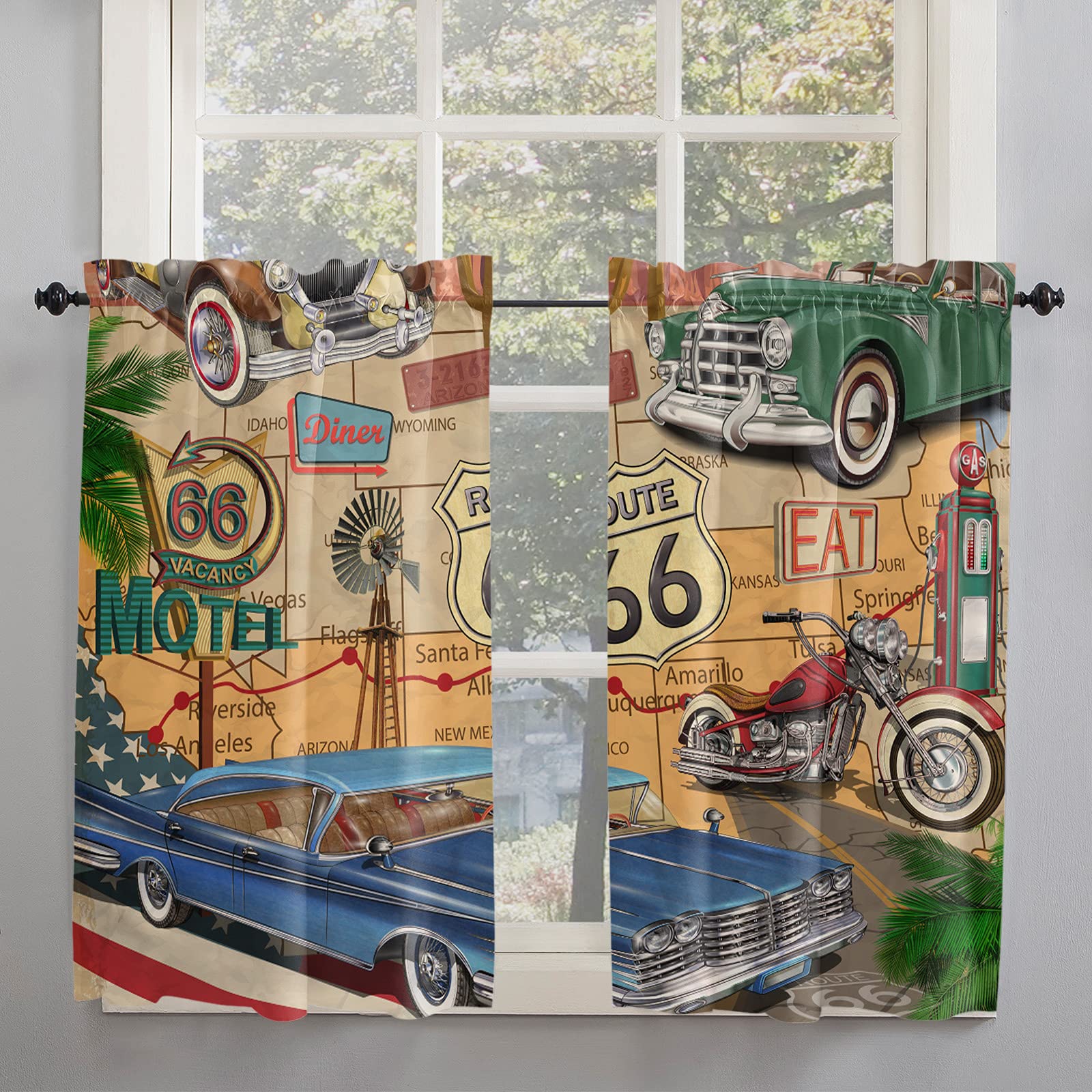 Vintage Route 66 Kitchen Window Curtains Set - 2 Panels 52x45 Inches, Rod Pocket Design for Farmhouse, Cafe & Office Decor - Perfect for Living Room, Bathroom & Retro Style Homes