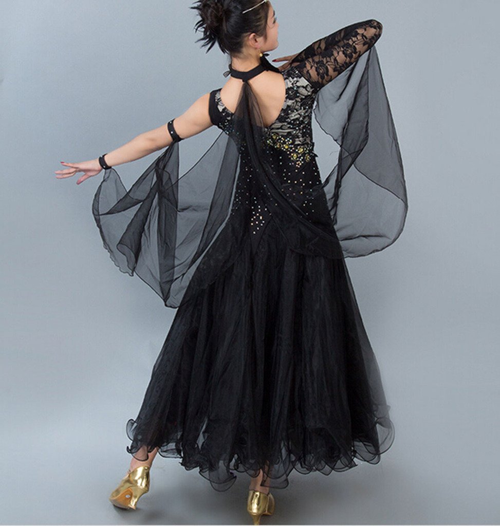 Elegant Black Women's Modern Waltz Tango Smooth Ballroom Dance Dress Size L - Perfect for Standard Ballroom Competitions & Social Dance Events
