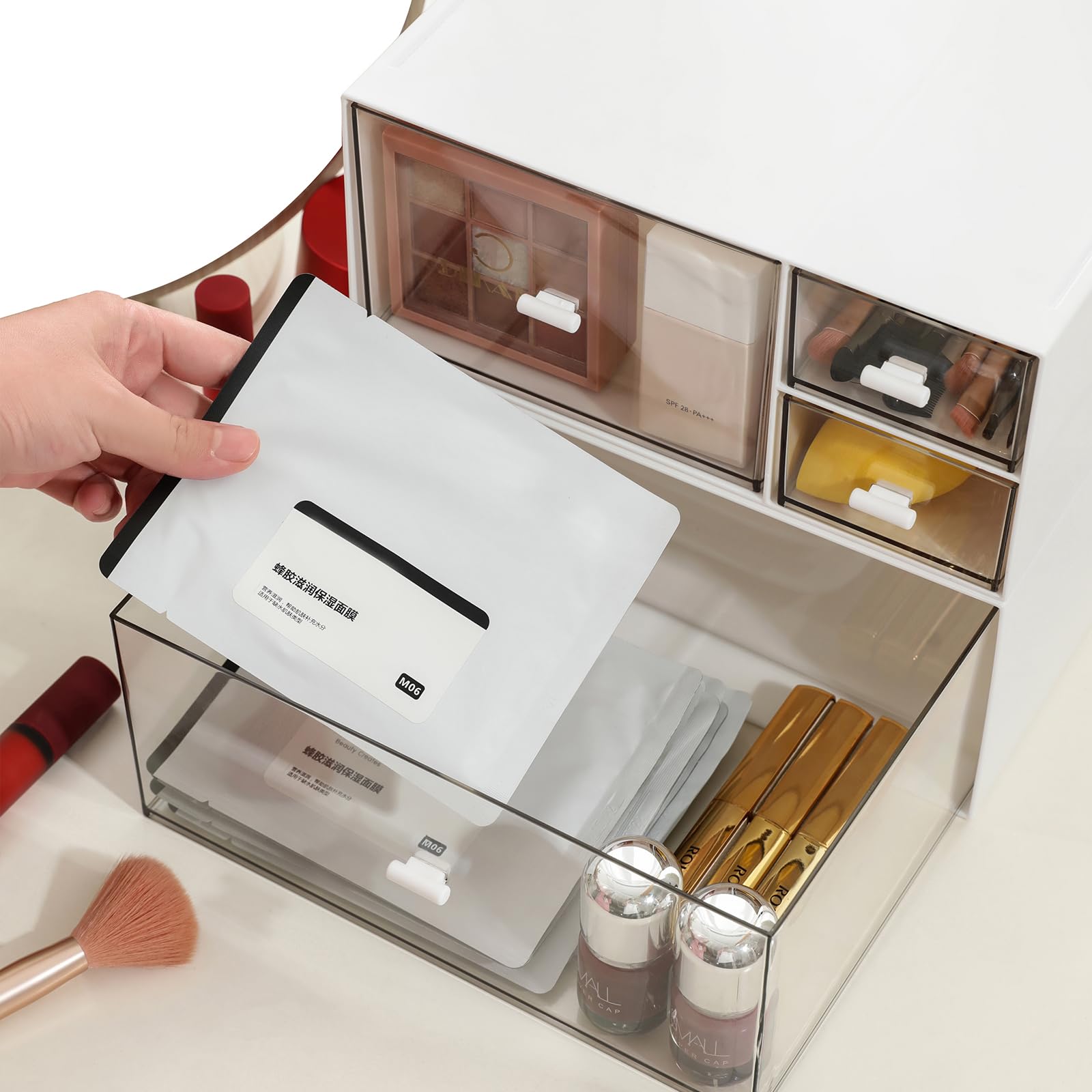 4-Drawer Desk Organizer & Makeup Storage Box for Nail Polish, Lipstick, Brushes, Jewelry - White Cosmetic Organizer for Vanity, Bathroom & Office Organization