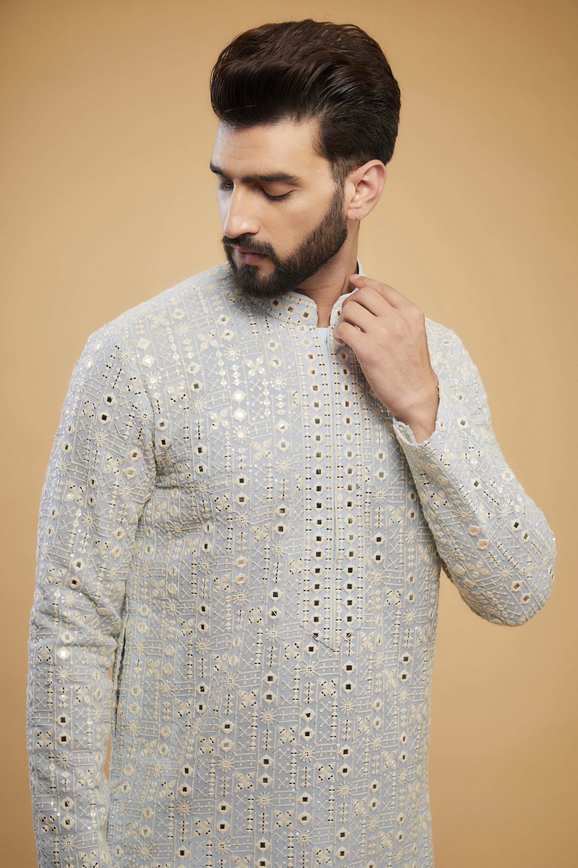 Elegant Powder Blue Mirror Work Kurta with Intricate Neckline – Perfect for Festivals, Weddings, and Ethnic Occasions