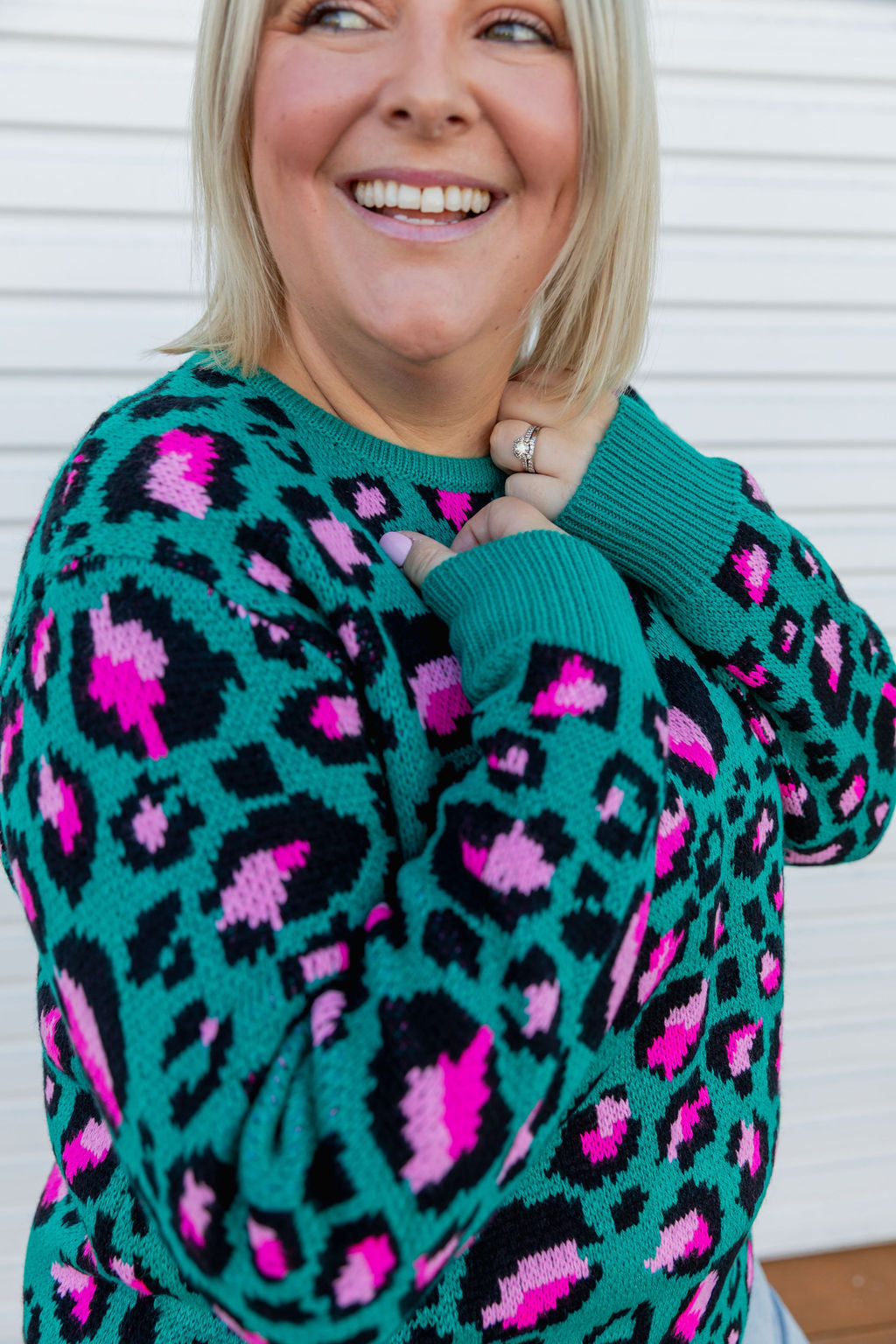 Kasey Rainbow Frankie Knit Sweater - Green Leopard Print Women's Pullover | Cozy Winter Fashion for Casual Outings & Holiday Gatherings