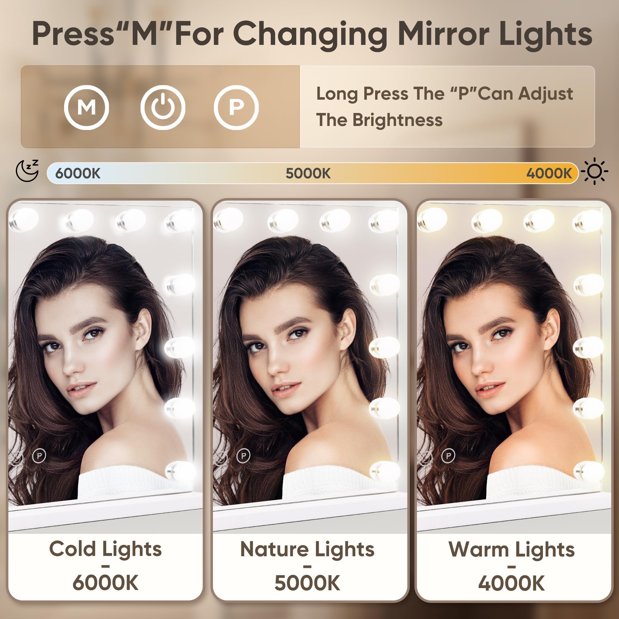 Suidia 15 LED Lighted Vanity Mirror with Dimmable Touch Control, 3 Color Lighting & USB Power - 22.8 x 18.1 Inch White Makeup Mirror for Bedroom, Bathroom & Dressing Room