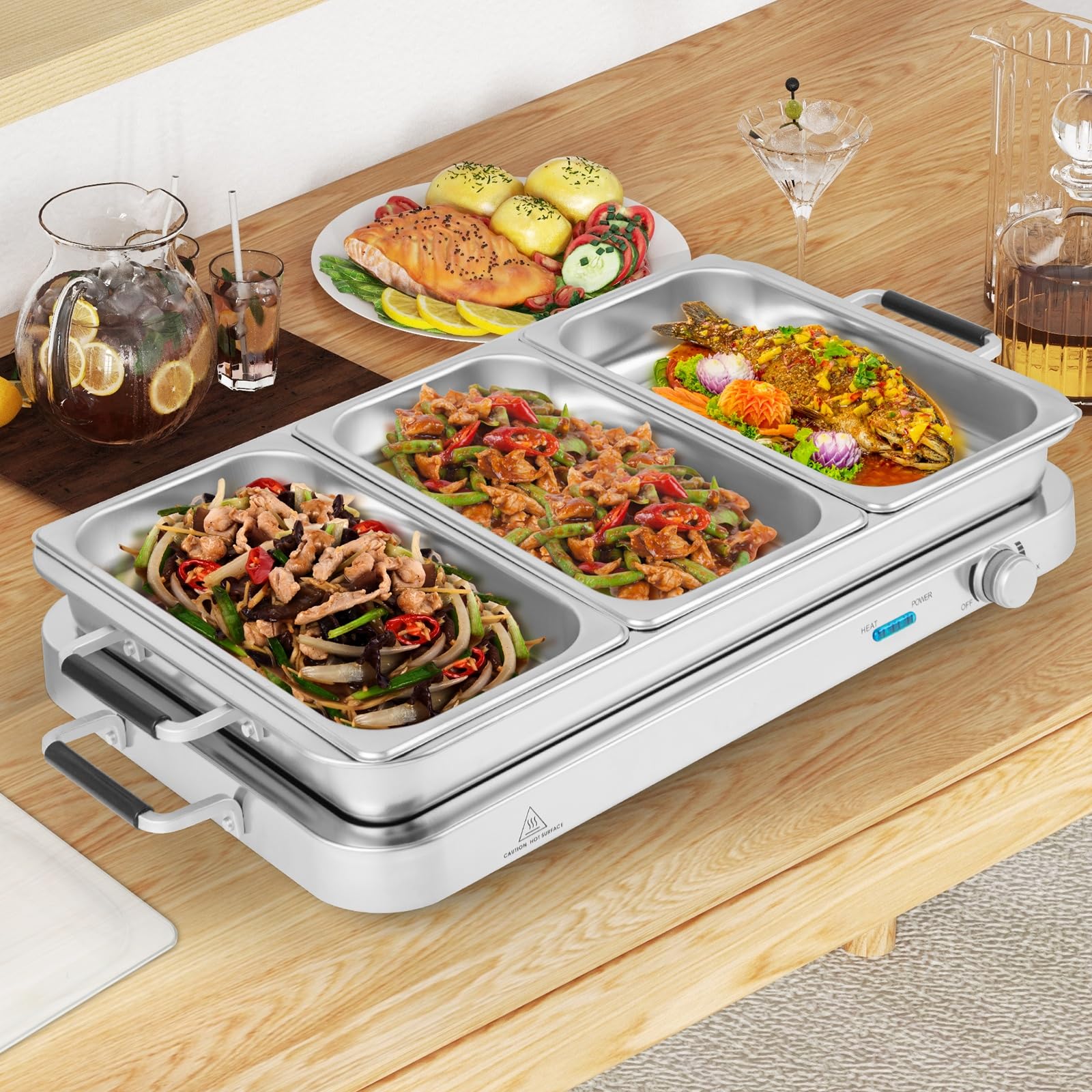 Giantex 2-in-1 Electric Buffet Server & Food Warmer with 3 Stainless Steel Pans (8 QT) - Adjustable Temperature, Dishwasher Safe - Perfect for Holiday Parties, Catering Events & Buffet Serving