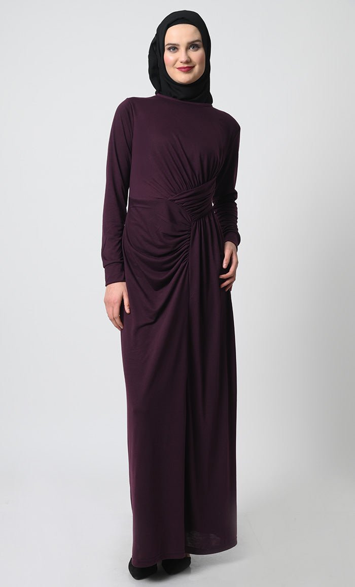 Elegant Draped Waist Viscose Jersey Abaya - Full Sleeves, Round Neck, Back Zipper Closure - Perfect for Prayer, Modest Fashion & Special Occasions