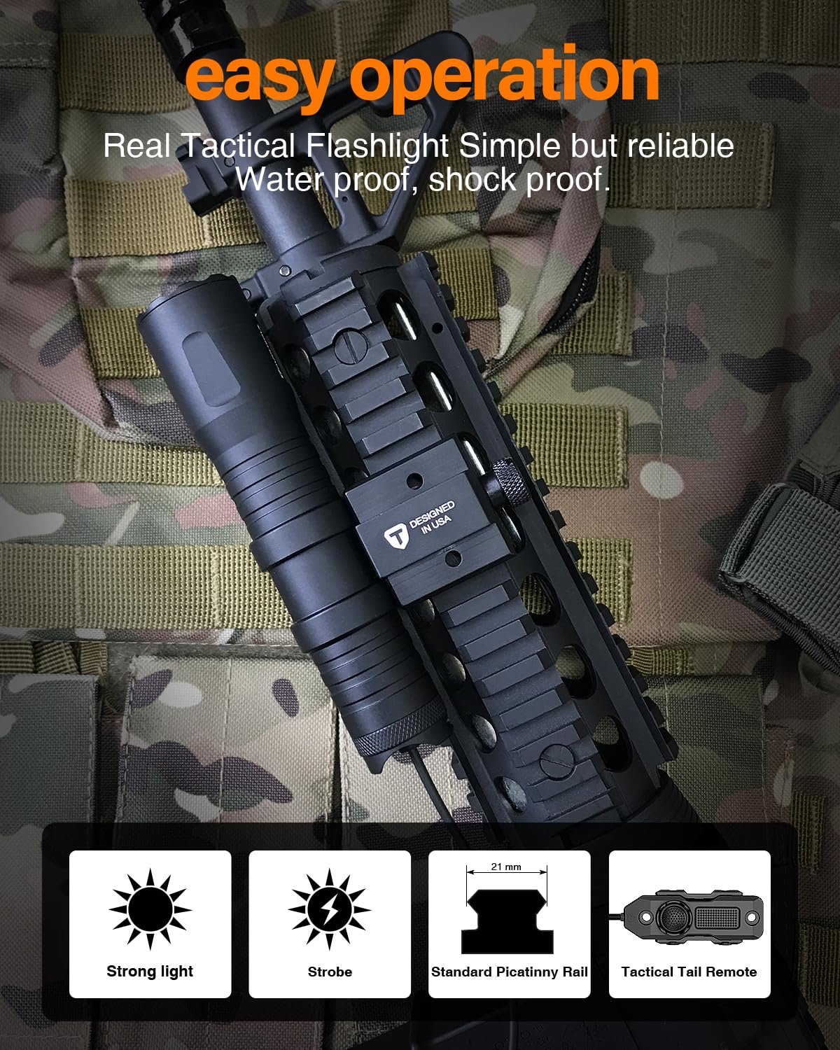 TOUGHSOUL 1250 Lumens Tactical Flashlight with Picatinny & M-LOK Mount - Rechargeable LED Flashlight with Remote Pressure Switch, Battery & Charger Included - Perfect for Hunting, Camping & Home Defense